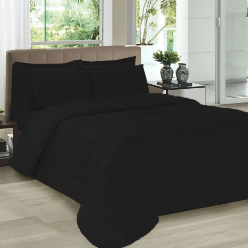 Kit Colcha Casal com Porta Travesseiros e Fronhas Toque Suave Preto Casa Dona