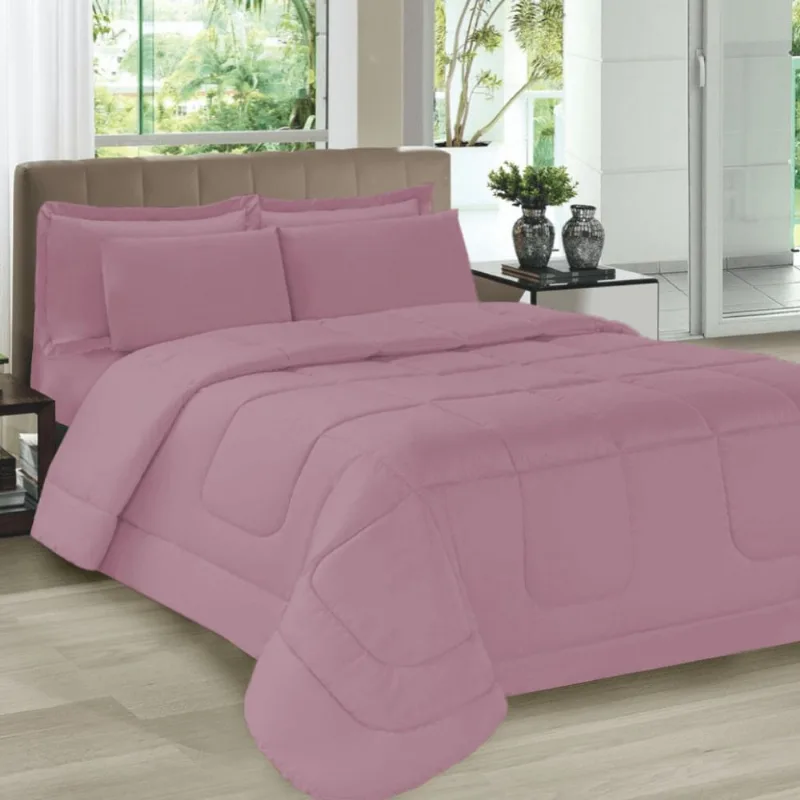 Kit Colcha Casal com Porta Travesseiros e Fronhas Toque Suave 5 Pçs Rose Casa Dona