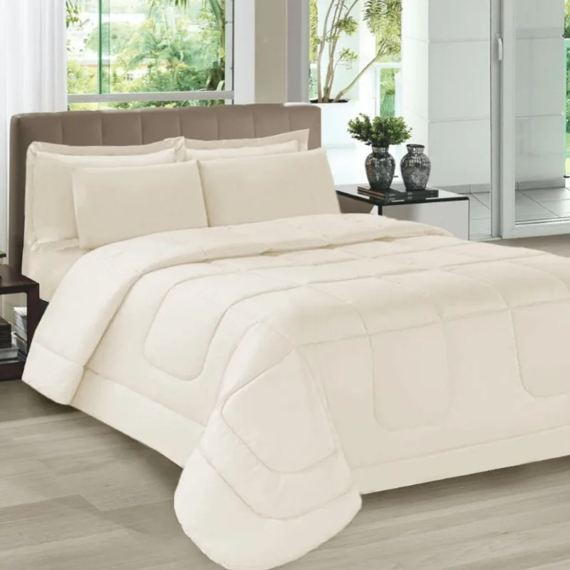 Kit Colcha Casal com Porta Travesseiros e Fronhas Toque Suave Bege Casa Dona