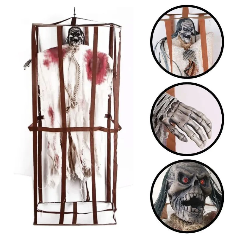 Boneco Bruxa Esqueleto Na Jaula Halloween Com Som E Luz