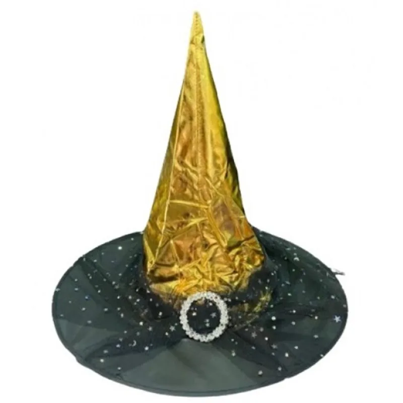 Chapéu de Bruxa Dourado com Tule Adulto