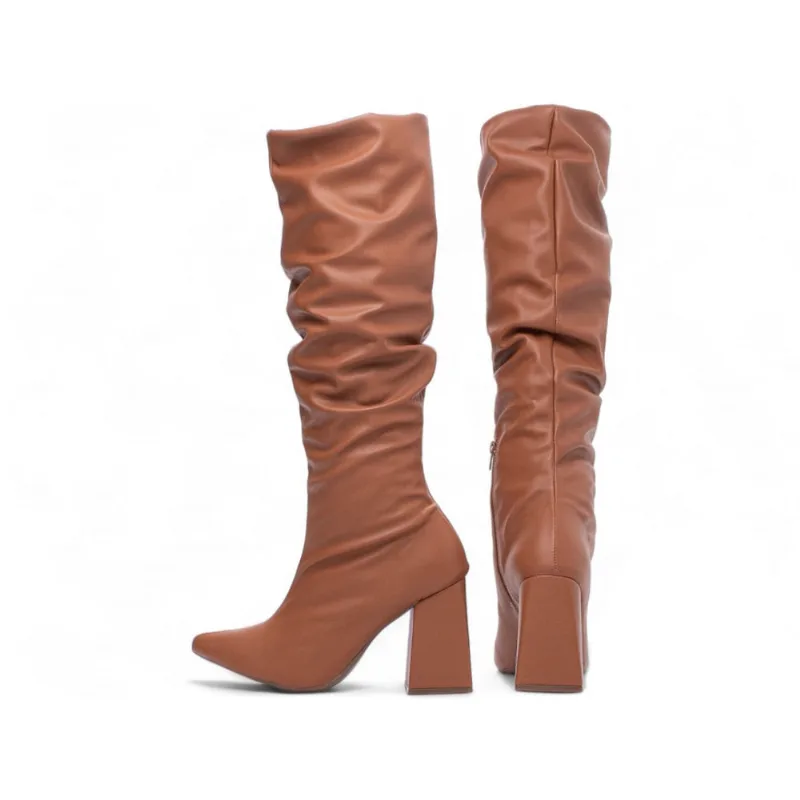 Bota Cano Longo Franzida Feminina Salto Alto Grosso Bloco Torricella
