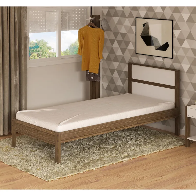 Cama de Solteiro 100% MDP - Branco/Nogal