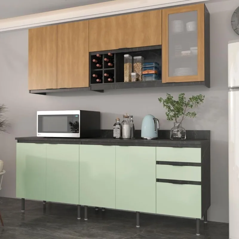 Cozinha Modulada Esmeralda 4 Portas 200CM Lunar com Verde Mar e Freijó Tecno Mobili - tecno mobili - Agro
