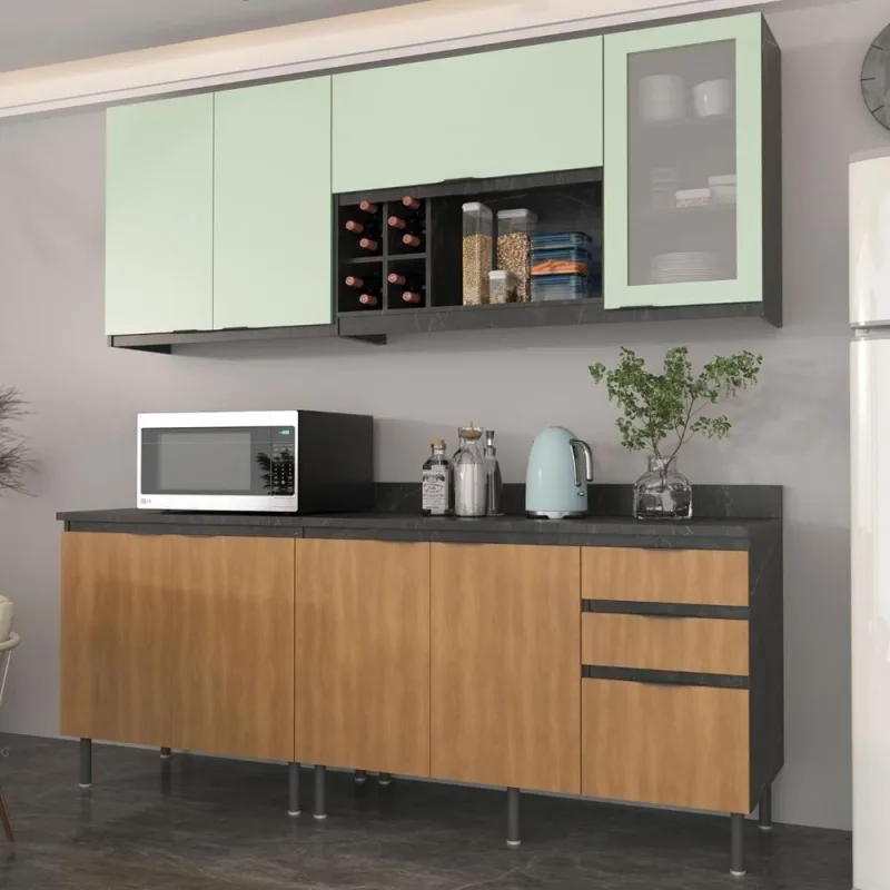 Cozinha Modulada Esmeralda 4 Portas MDP 200CM Lunar com Freijó e Verde Mar Tecno Mobili - Tecno Mobili - Agro