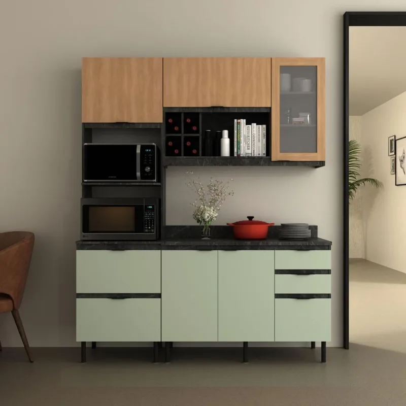 Cozinha Modulada Esmeralda 4 Portas sem Gavetas MDF-MDP 180CM Lunar com Verde Mar e Freijó Tecno - Tecno Mobili