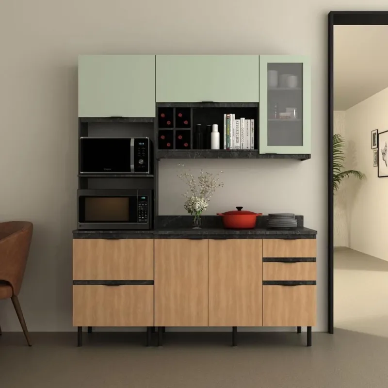 Cozinha Modulada Esmeralda 4 Portas sem Gavetas 180CM Lunar com Freijó e Verde Mar Tecno Mobili - Tecno Mobili