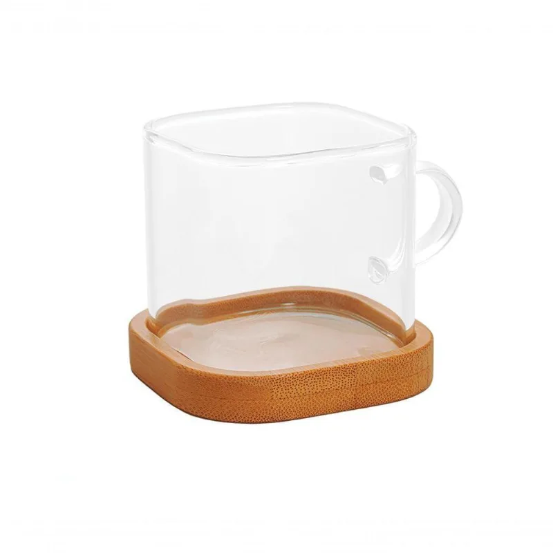 Dupla Caneca Quadrada Vidro Boro Sup Bambu 100 Ml Mimo Style