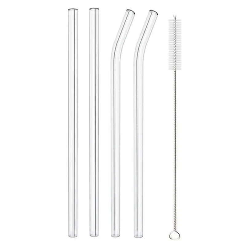 Kit Canudos Vidro 10Mm Incolor - 2 Retos + 2 Curvos + Escova