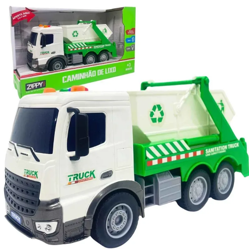 Caminhão Coletor De Lixo Reciclagem A Fricção Com Luz E Som Zippy Toys Crianças +3 Anos Verde Claro
