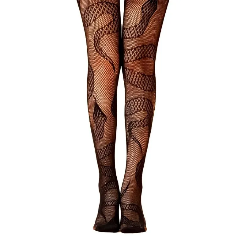 Meia Calça de Halloween Gotica Arrastão Preta com Cobra Pra Fantasia Adulta Feminina Preto