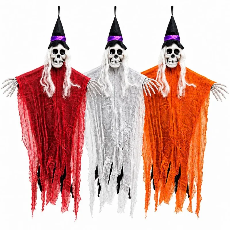 Fantasma de Halloween Bruxa Caveira Com Chapéu Gigante 110 cm Branco