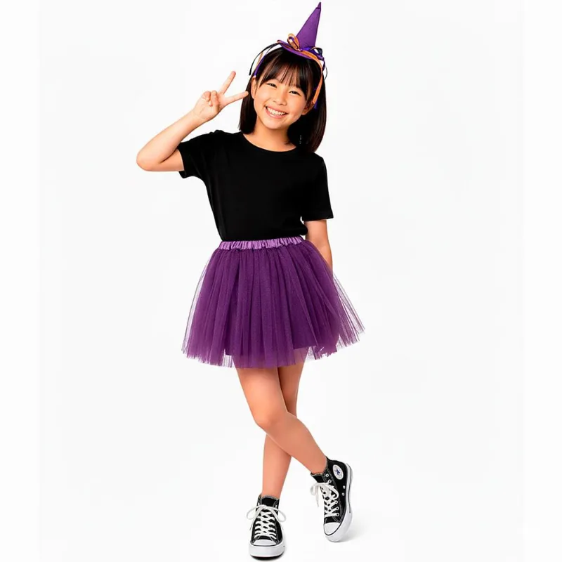 Fantasia Halloween Infantil pra Menina Kit Bruxa Saia e Tiara 2 a 8 anos Roxo