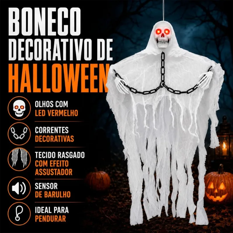 Boneco Halloween Caveira Fantasma Acorrentada Eletrônica Pra Pendurar Com Som e LED Branco