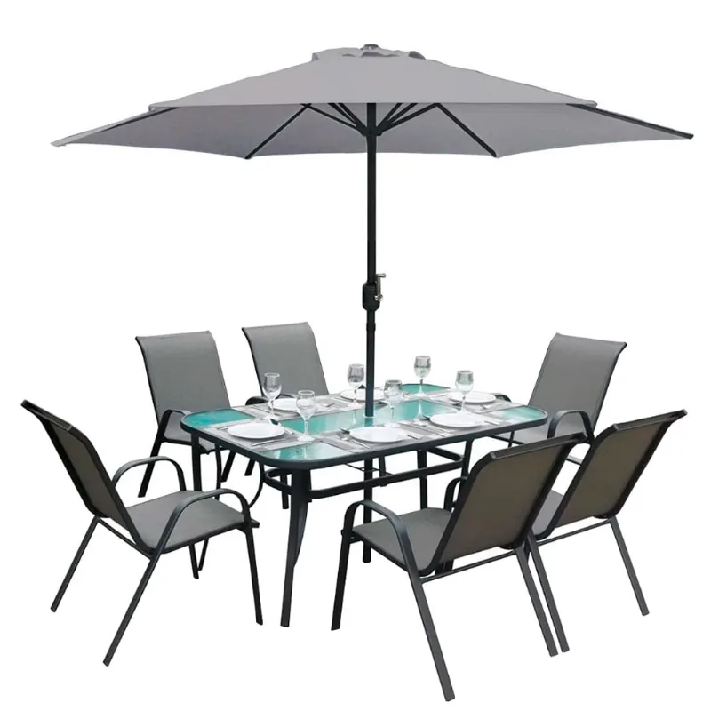 Conjunto de Mesa com Cadeiras e Ombrelone Quadrado para Área Externa 8 Peças Off White - Hasiera