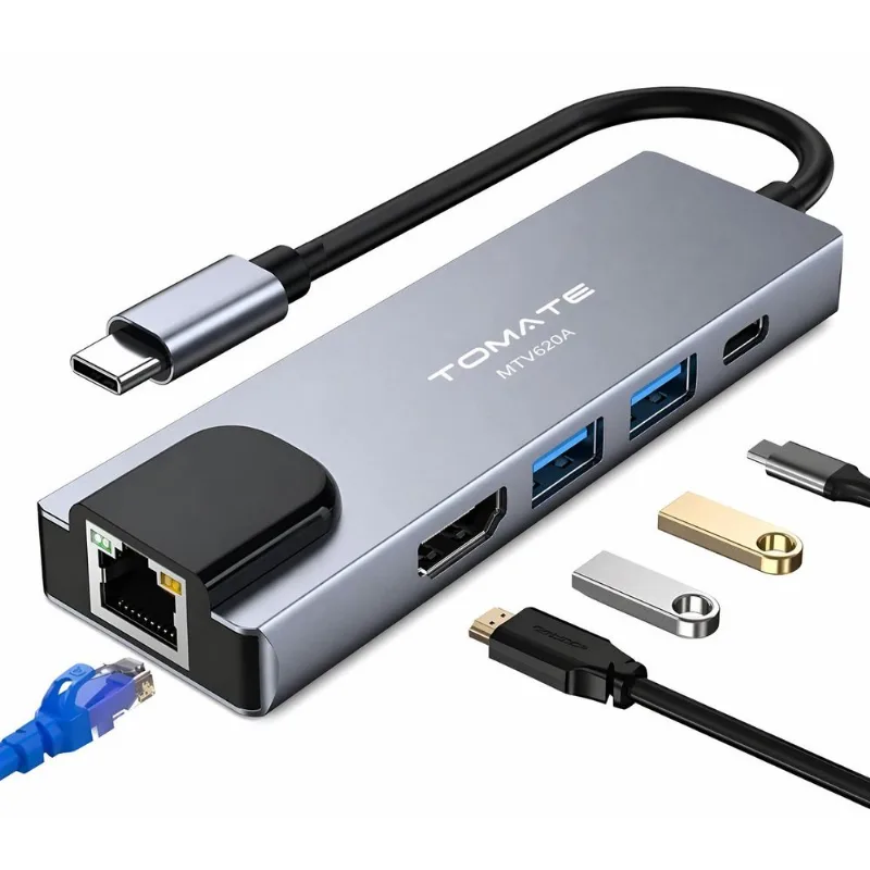 Adaptador 5 Em 1 Type-c Para Rj45/hdmi/usb 3.0/pd Tomate Mtv-620 - Tomate
