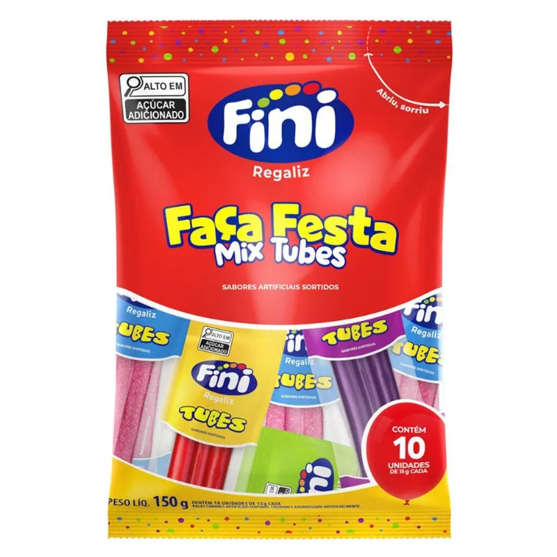 Bala Fini Faça Festa Mix Tubes 150g com 10 Pacotes de 15g Cada