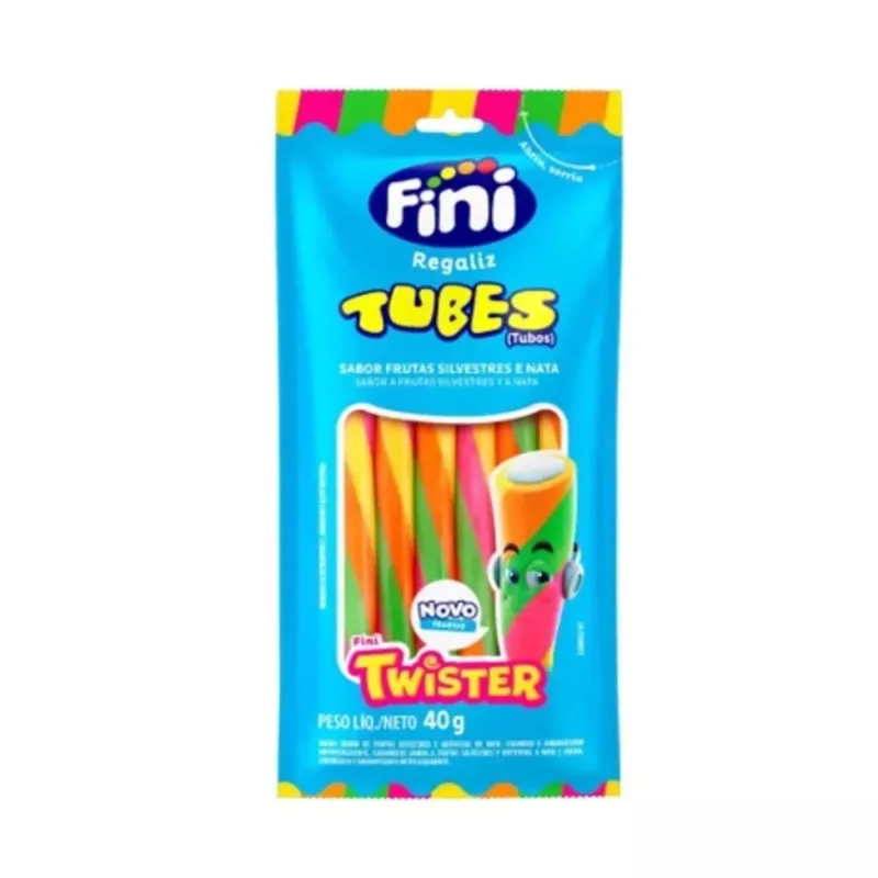 Bala de Gelatina Tubes Twister Frutas Silvestres e Nata Fini 40g Pacote