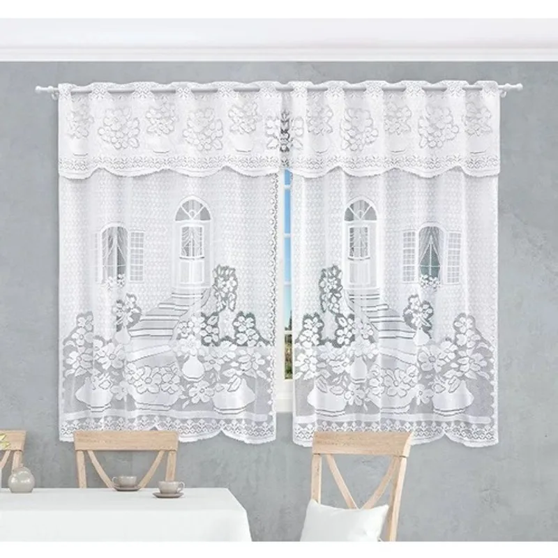 Cortina de Renda Branca Cozinha Verona 2,35 x 1,50m + 30cm de Bando - Beija-Flor