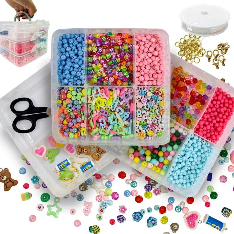 Kit Miçangas Grande Completo 2550pçs Letras Bolinhas Coloridas Perolas Entremeios Pingentes Fio de Silicone Tesoura Para Montar Pulseiras Brincos Colar Infantil