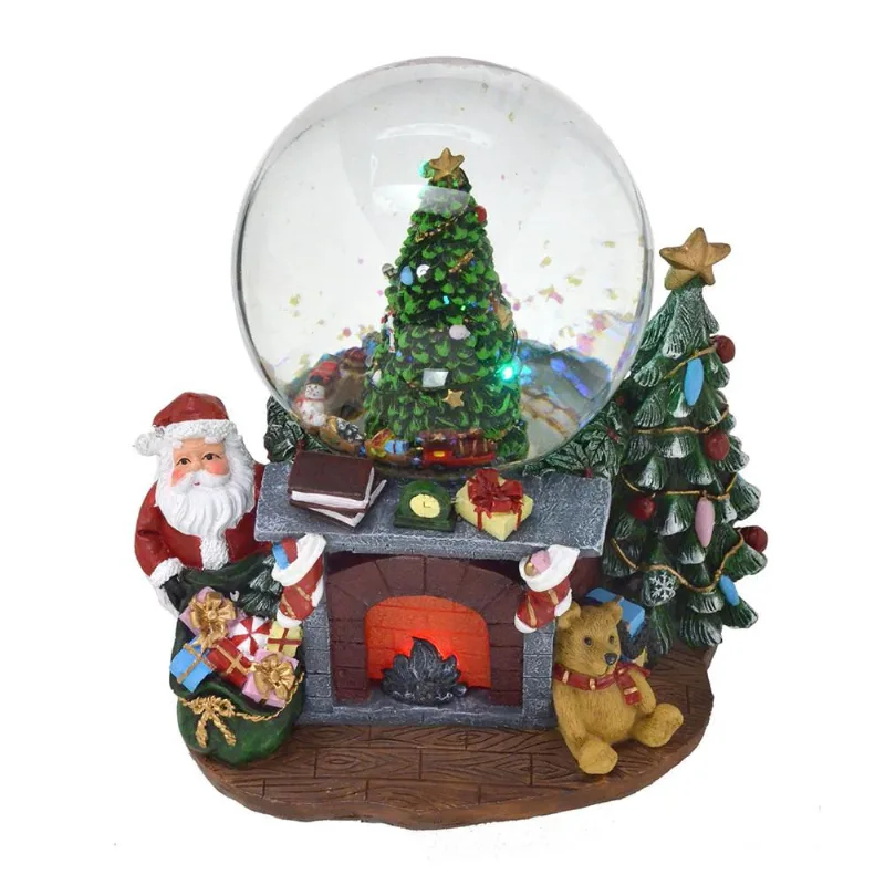 Caixa musical globo de agua natalino lareira c/ papai noel c/ luz E som