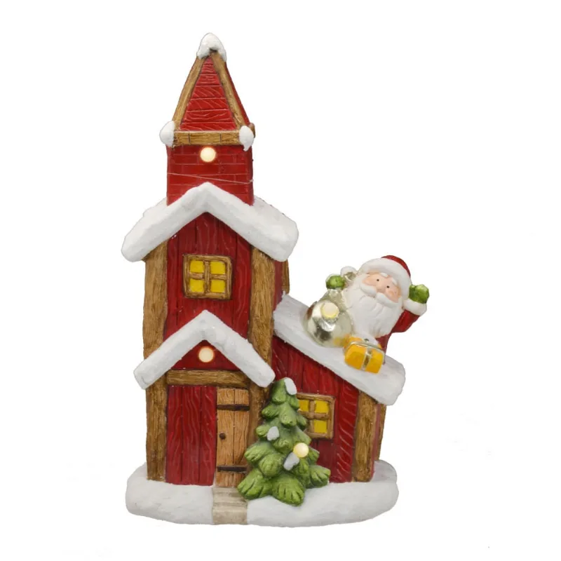 Escultura de jardim casa natalina com papai noel luz de LED