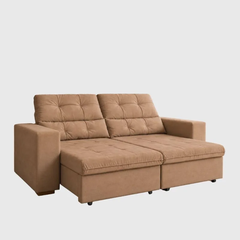 Sofá Turim 3 Lugares Retrátil e Reclinável 200cm Bege em Veludo para Sala de Estar - OUTRAS - Móveis