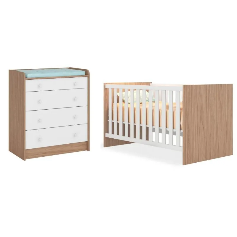 Conjunto para Quarto Qmovi Doce Sonho Carvalho,Branco Quarto de Bebê Cômoda 2523 e Berço Mini Cama 1344 Doce Sonho Carvalho/Branco - Qmovi