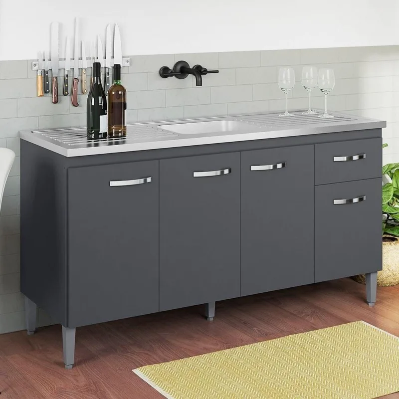 Balcão Gabinete Com Pia Inox 150cm 4 Portas Gabriela - Branco - Mpozenato