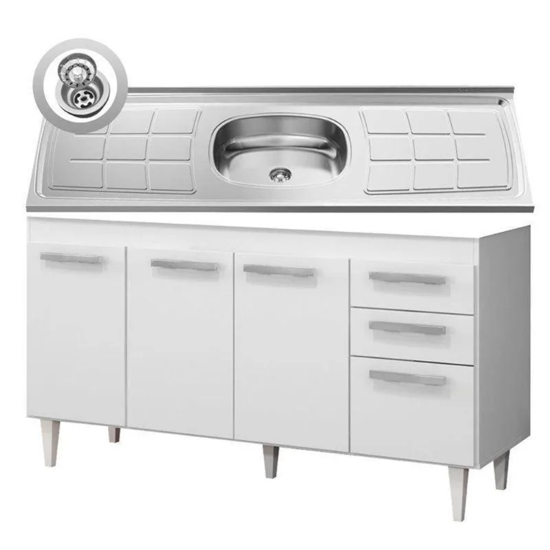 Balcão Gabinete Lis E Pia Inox 150cm 4 Portas L03 Lis - Mpozenato Branco-castanho