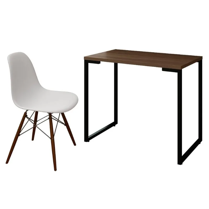 Mesa Escrivaninha Fit Industrial 90cm Castanho e Cadeira Charles Design FT1 Branca - Mpozenato