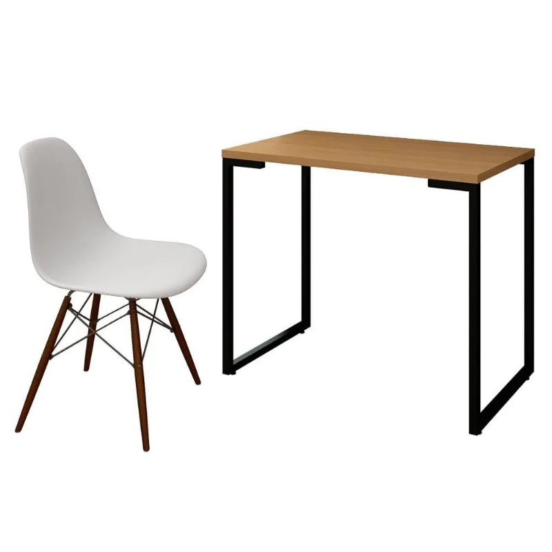 Mesa Escrivaninha Fit Industrial 90cm Natura e Cadeira Charles Design FT1 Branca - Mpozenato