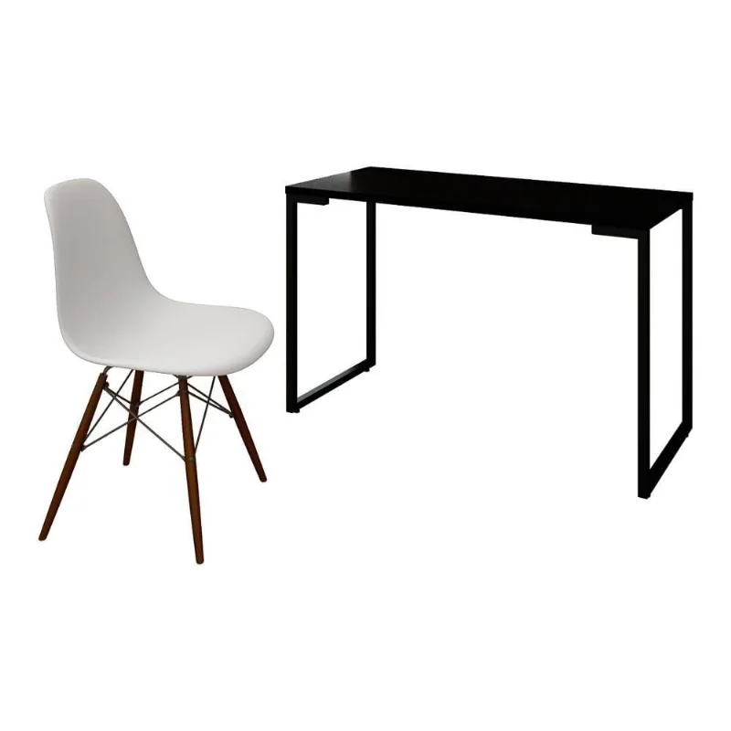 Mesa Escrivaninha Fit Industrial 120cm Preto e Cadeira Charles Design FT1 Branca - Mpozenato