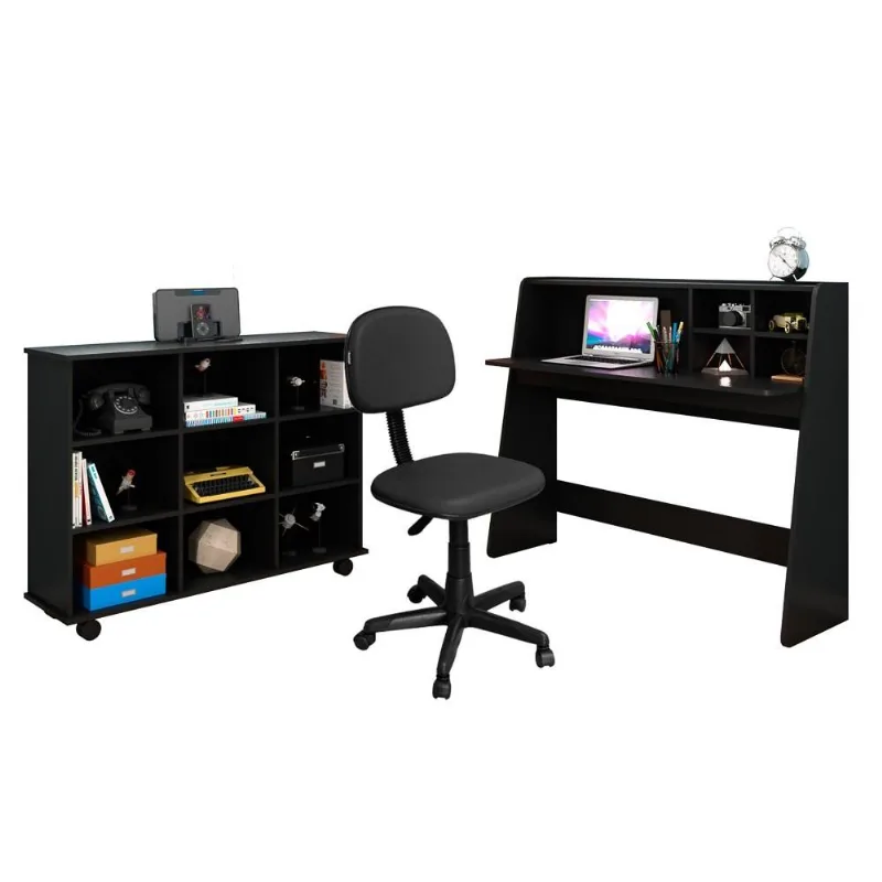 Mesa Escrivaninha Desktop PC Idealle Nicho Multiuso Toys C13 e Cadeira Giratória CS-02 Preto - Mpozenato