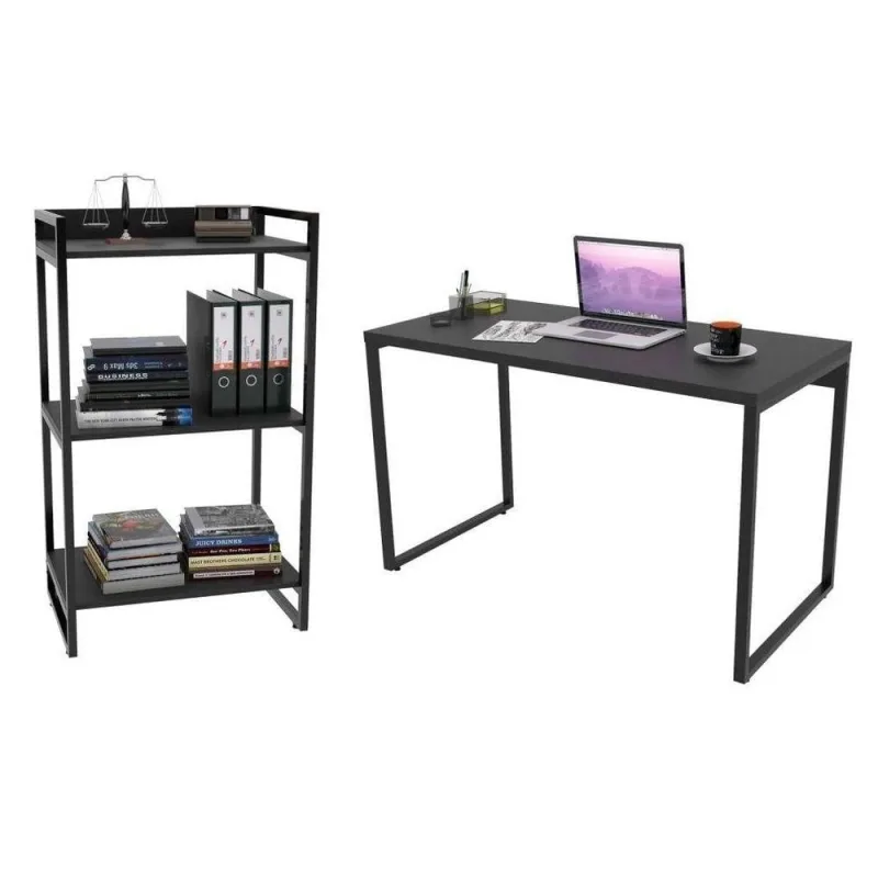 Conjunto Escritório Mesa E Estante 3 Prateleiras Preto - Mpozenato