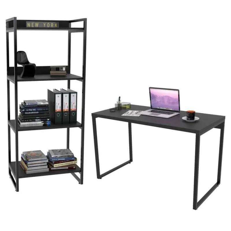 Conjunto Escritório Industrial Mesa E Estante 4 Prateleiras - Mpozenato