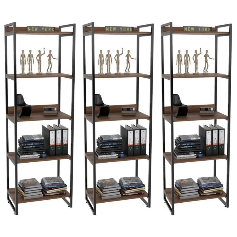 Kit 3 Estantes Livreiro Prisma Estilo Industrial 60cm 5 Prateleiras C08 Nogal Mpozenato - Mpozenato