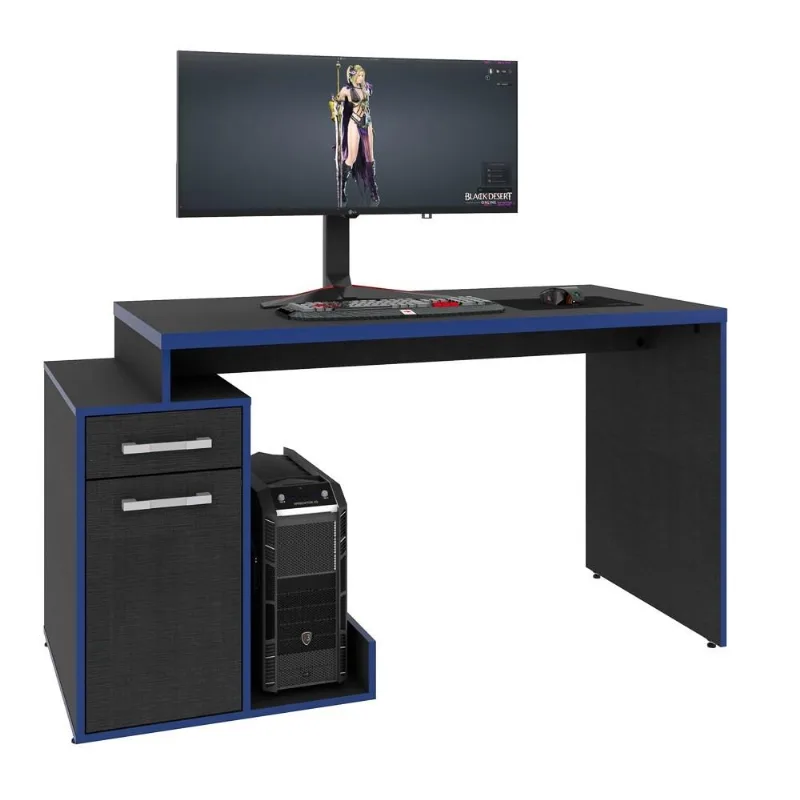 Mesa Computador PC Gamer TUF 1 Porta 1 Gaveta Flex Shark C08 Preto Ônix/Azul - Mpozenato