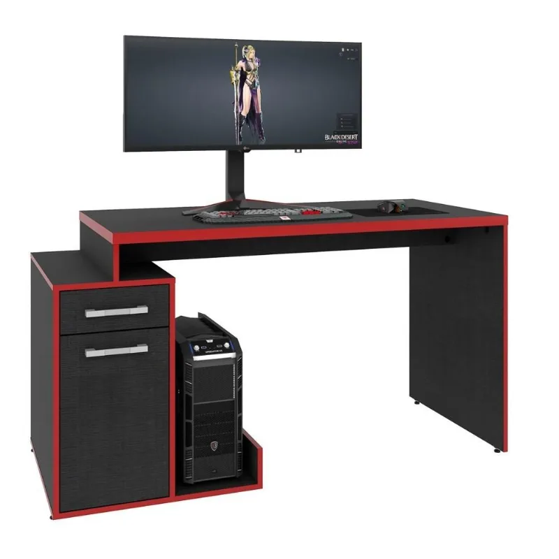 Mesa Computador PC Gamer TUF 1 Porta 1 Gaveta Flex Shark C08 Preto Ônix/Vermelho - Mpozenato