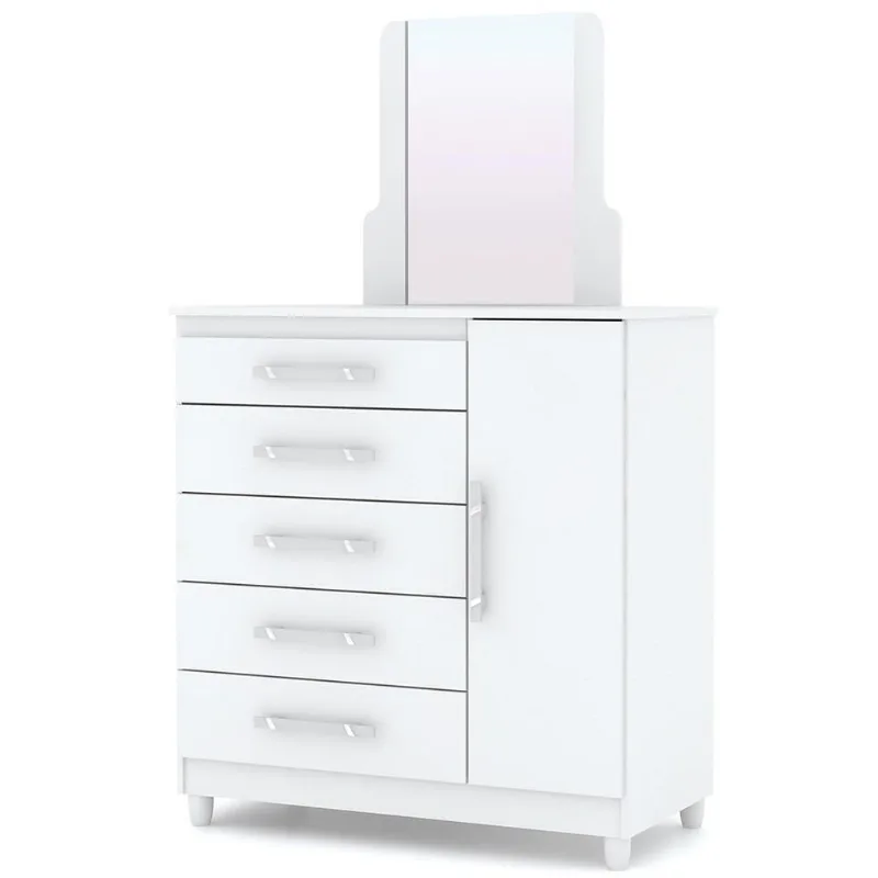 Cômoda Sapateira Infantil 5 Gavetas e Espelho Line Flex Branco/Rosa/Canela - VLR Móveis