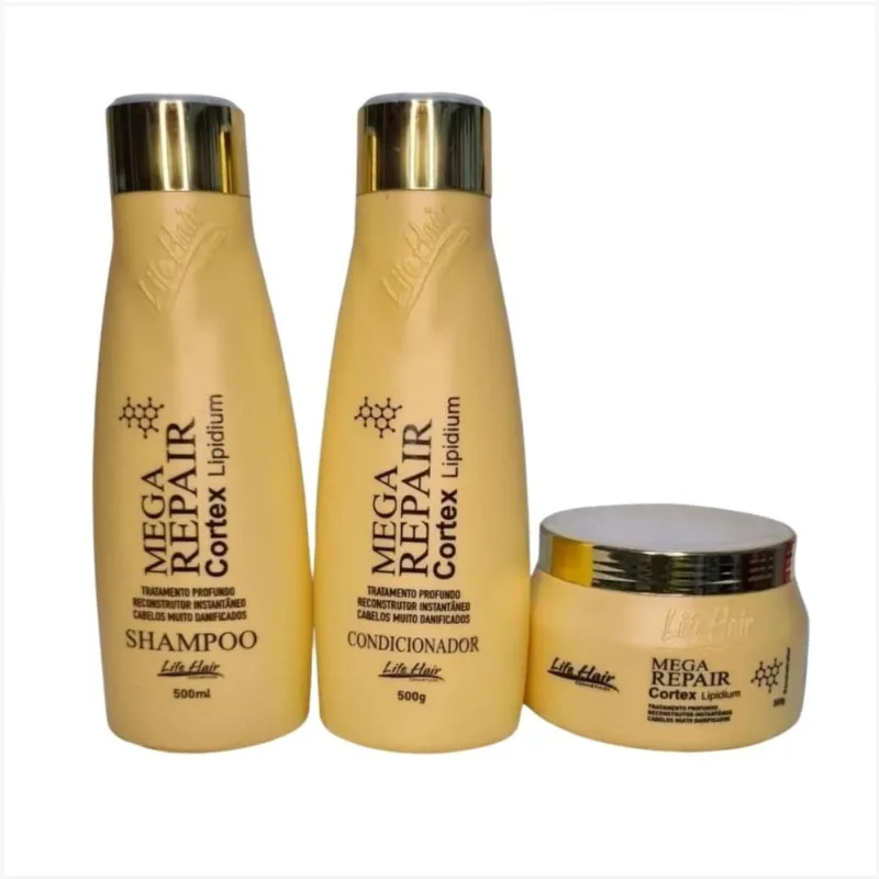 Kit Manutenção Mega Repair Life Hair reconstução hidratação 3 passos shampoo mascara condicionador