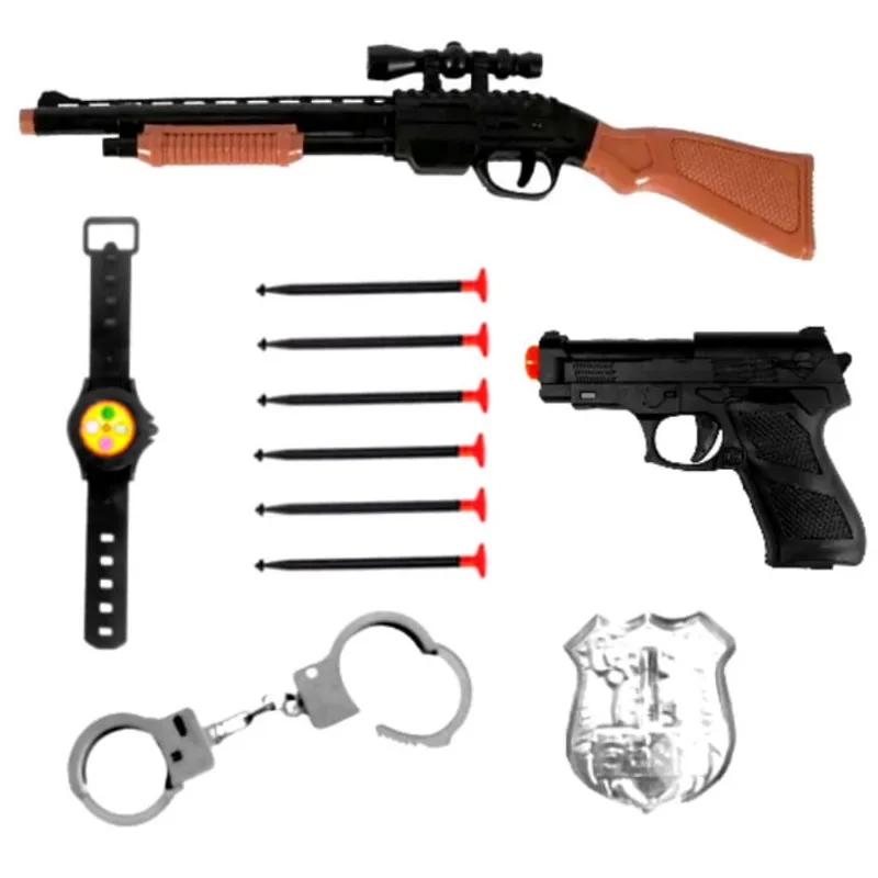 Kit 2 Arminhas de Brinquedo Lança Dardos com Algemas Distintivo Tipo Nerf