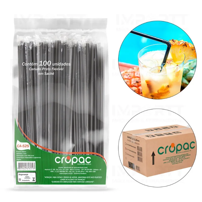 Canudo Preto Flexível Para Drinks 5,8x200mm 3.000 Und