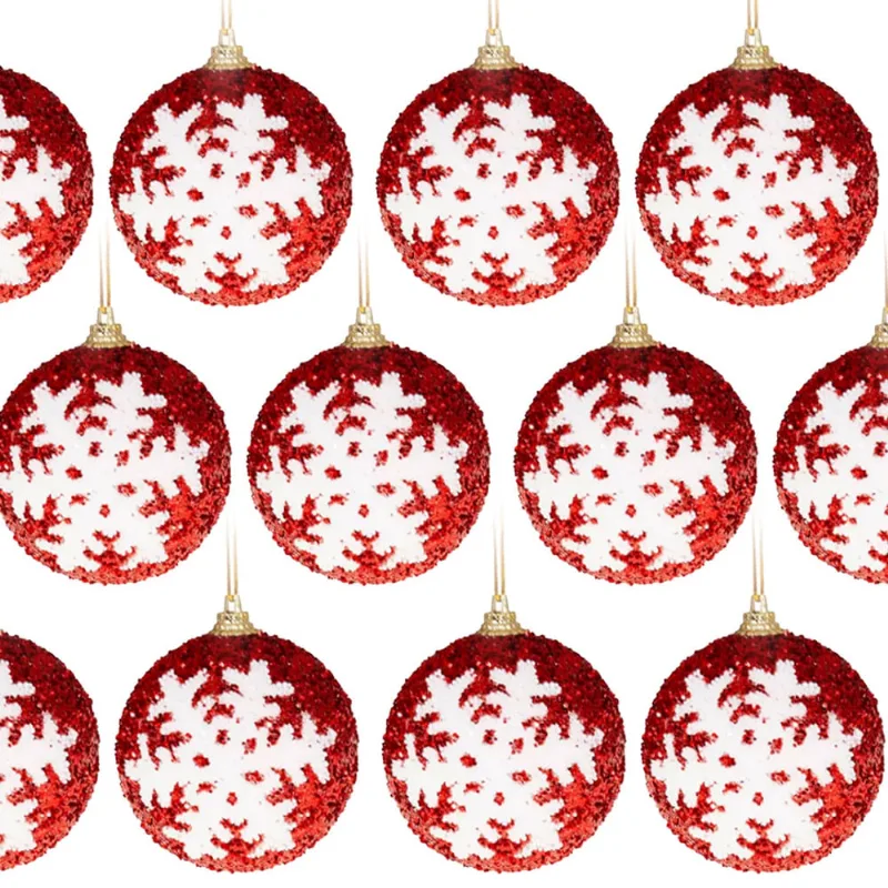 Kit 60 Bolas De Natal c/ Floco De Neve Vermelha Glitter 5cm