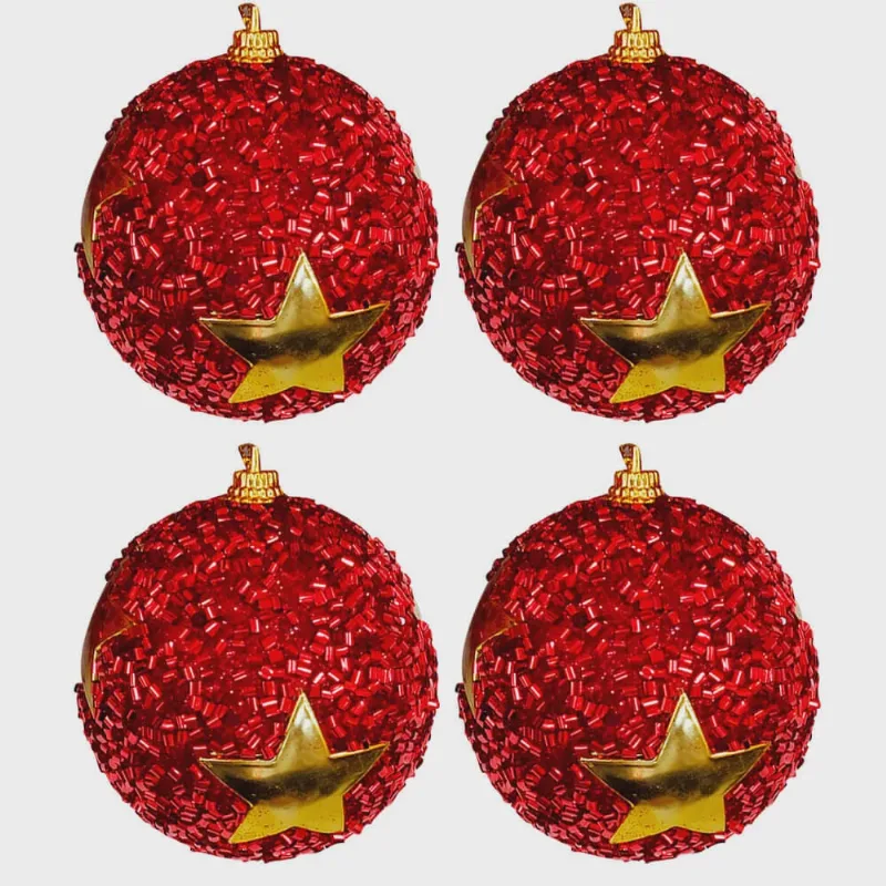 Bolas de Natal Vermelhas com Glitter e Estrela 4 peças 7cm - Casambiente