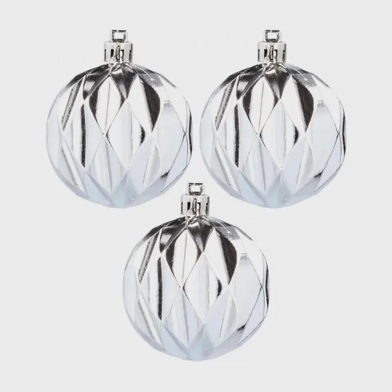 Bolas de Natal Prata Brilhante Geométricas 8cm 3 peças - Casambiente