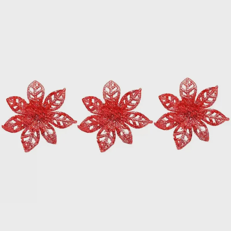 Enfeites de Natal Flores com Glitter Vermelho 3 peças 6,5cm - Casambiente