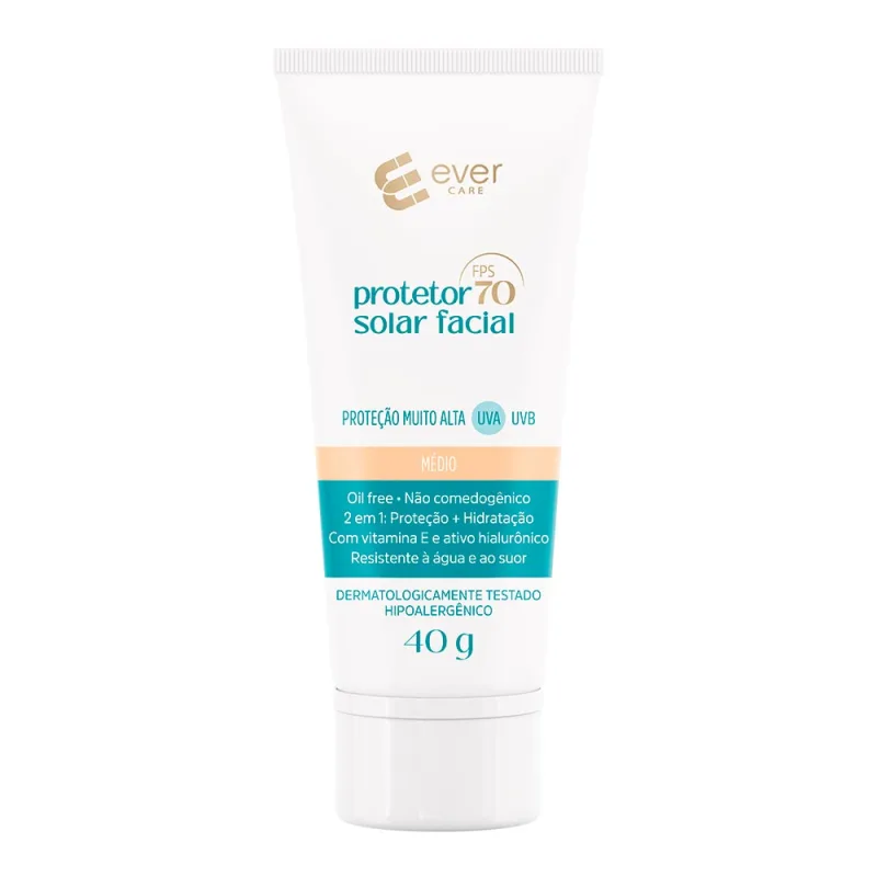 Protetor Solar Facial Ever Care FPS 70 com Cor Médio 40g - Ever Care
