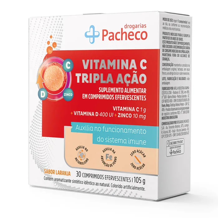 Vitamina C Drogarias Pacheco Tripla Ação 30 Comprimidos Efervescentes - Drogarias Pacheco - Vitamina