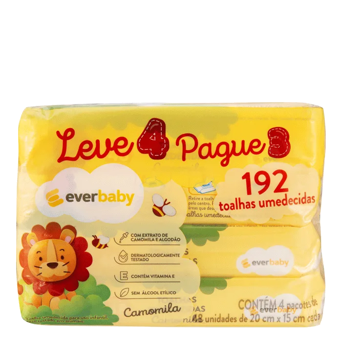 Kit Toalhas Umedecidas Ever Baby Camomila 4 Pacotes com 48 Unidades Cada - Ever Baby - Lenço Umedecido